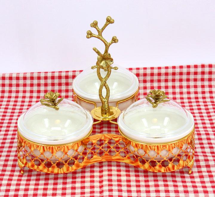 3 Pcs Ceramic Bowl With Golden Stand And Acrylic Lid
