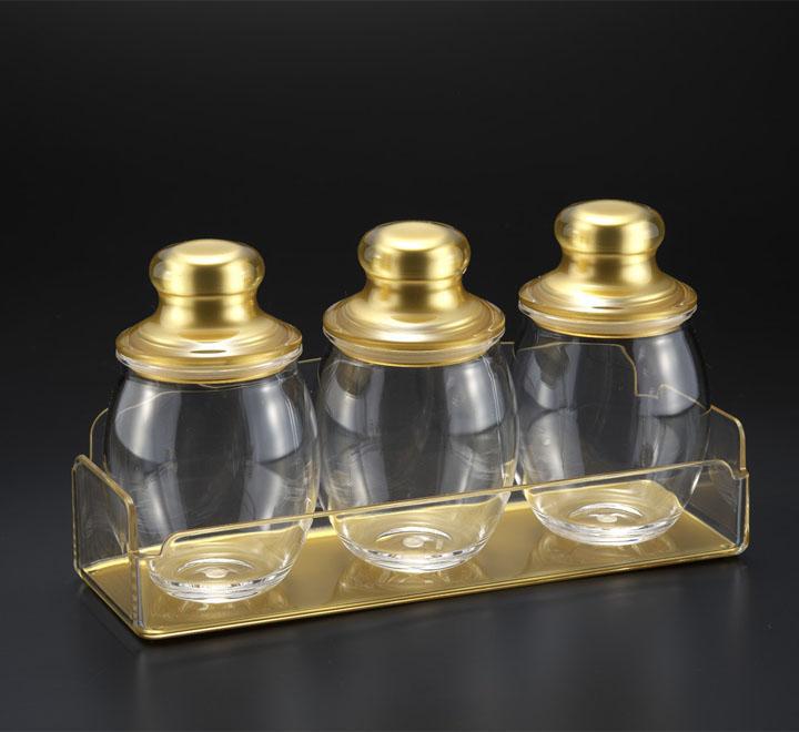 Jar Set of 3 Pieces With Tray Gold/ Clear