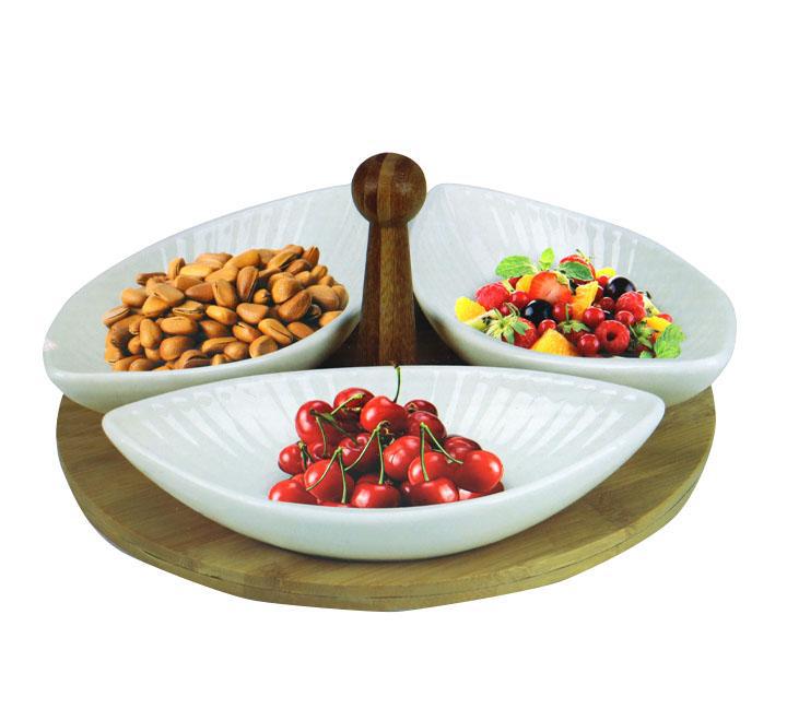 Porcelain 3 Fruit Plate With Bamboo Base/ Handle
